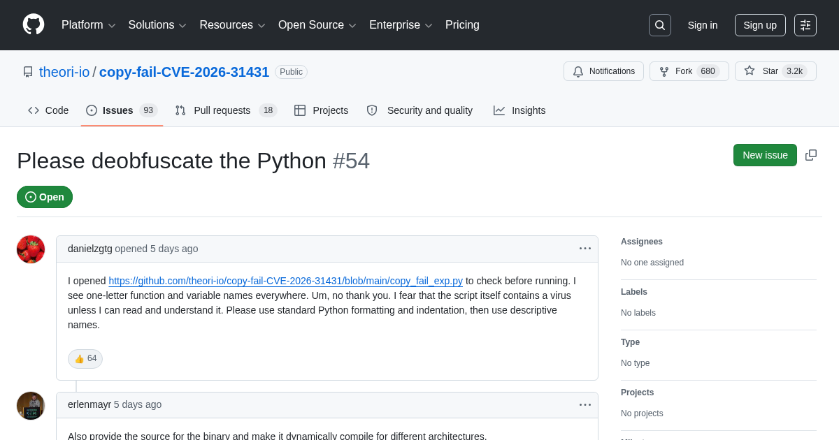 Issue: Please deobfuscate the Python (copy-fail-CVE-2026-31431)